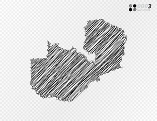 Vector black silhouette chaotic hand drawn scribble sketch  of Zambia map on transparent background.