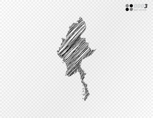 Vector black silhouette chaotic hand drawn scribble sketch  of Myanmar map on transparent background.