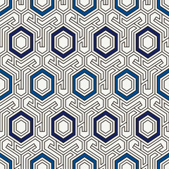 Honeycomb seamless pattern. Hexagon mosaic tiles ornament. Ethnic surface print. Repeated geometric figures background. Ornamental wallpaper. Modern geo design digital paper. Vector abstract