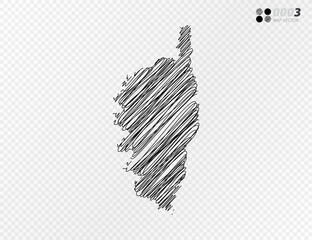 Vector black silhouette chaotic hand drawn scribble sketch  of Corsica map on transparent background. - obrazy, fototapety, plakaty