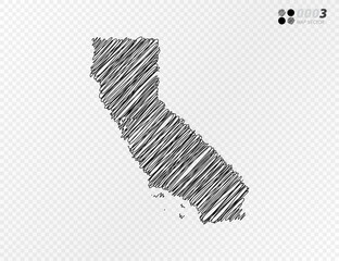 Vector black silhouette chaotic hand drawn scribble sketch  of California map on transparent background.