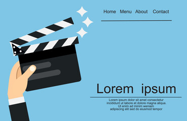 Obraz premium Movie clapper board hold in hand man. Isolated on background. Open clapperboard. Cinematography concept.