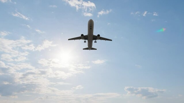 3840x2160. Airplane Takes Off Against the Background of Time-Lapse Sunset. Beautiful 3d Animation. Ultra HD 4K.