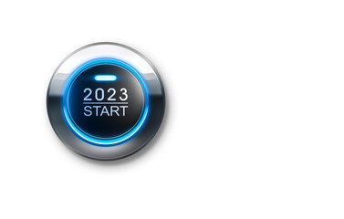 Blue illuminated start button year 2023 on white background - 3D illustration - obrazy, fototapety, plakaty