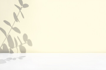 Naklejka na ściany i meble Plant shadows on neutral color wall. Leaves shadow background. Branches, flowers and foliage on pastel studio background. Product presentation, Minimal mock up for advertising. Trendy Overlay effect