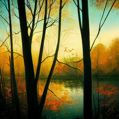 Illustration mit Bäumen, See, und Himmel im Herbst - Thema Natur
