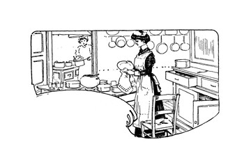 Waitress in kitchen - Vintage illustration