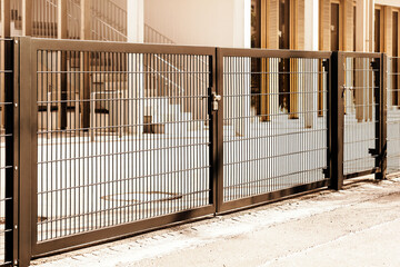 Gate with Mesh. Metal Closed Sectional Gate to Private yard. Grating Wire industrial Fence Gate.