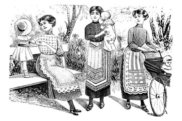 Women at the park with children - Vintage Illustration