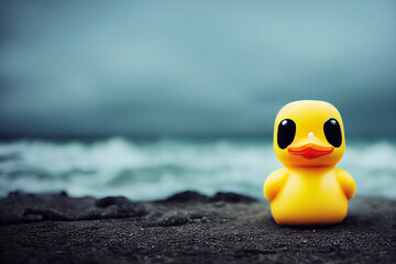 Fototapeta na wymiar Little yellow rubber duck at ocean beach