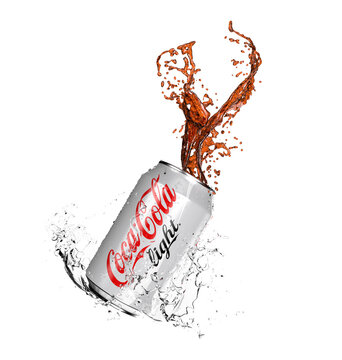 Malaga, Spain - October 05, 2022: Illustration of Coca-Cola can with splash isolated on transparent background. Coca Cola is the most popular carbonated drink sold around the world. Png
