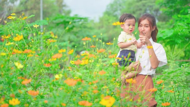 Asian mother hold her son and point also tell him to look around in flower field of public garden or park with morning light and they look happiness.