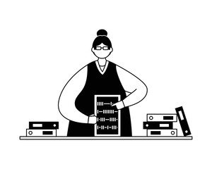 Vector illustration of an accountant with invoices and folders with  abacus. Profession. Outline
