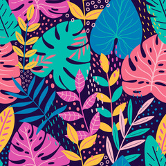 Exotic vector seamless pattern with tropical leaves. Tropical repeat background for fabric design. Floral print design for textiles, wrapping paper, gift paper, fabric.
