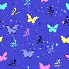 Natural seamless pattern with butterflies and twigs. Brush spraying. Prints, packaging design, textiles, bedding and wallpaper.