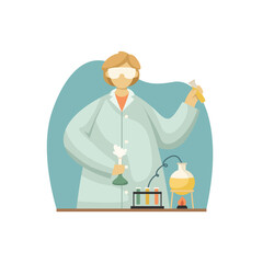 Vector illustration of a chemist in a white coat with test tubes and flasks. Profession. Flat style