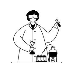 Vector illustration of a chemist in a white coat with test tubes and flasks. Profession. Outline