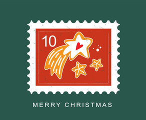 Christmas and Happy New Year postal stamps illustration with gingerbreads.