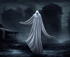 Ominous bedsheet ghost in a creepy environment. Digital illustration.