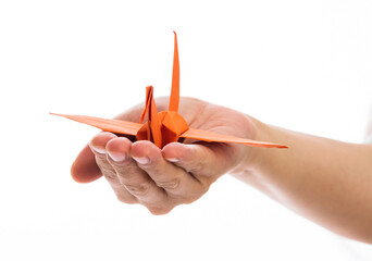 Woman hand holding a origami crane on white background