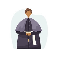Vector illustration of a priest in a cassock with a rosary in his hands. Profession. Flat style - obrazy, fototapety, plakaty