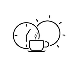 Concept: start new morning by coffee. sun, clock, and coffee cup icon. flat and line design. object isolate on white background.