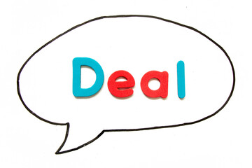 Alphabet letter with word deal in black line hand drawing as bubble speech on white board background