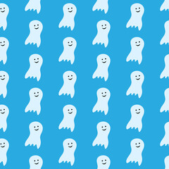 Halloween seamless pattern with ghosts on blue background Vector illustration