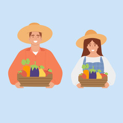 Couple of man and woman farmers with harvest.  Vector illustration