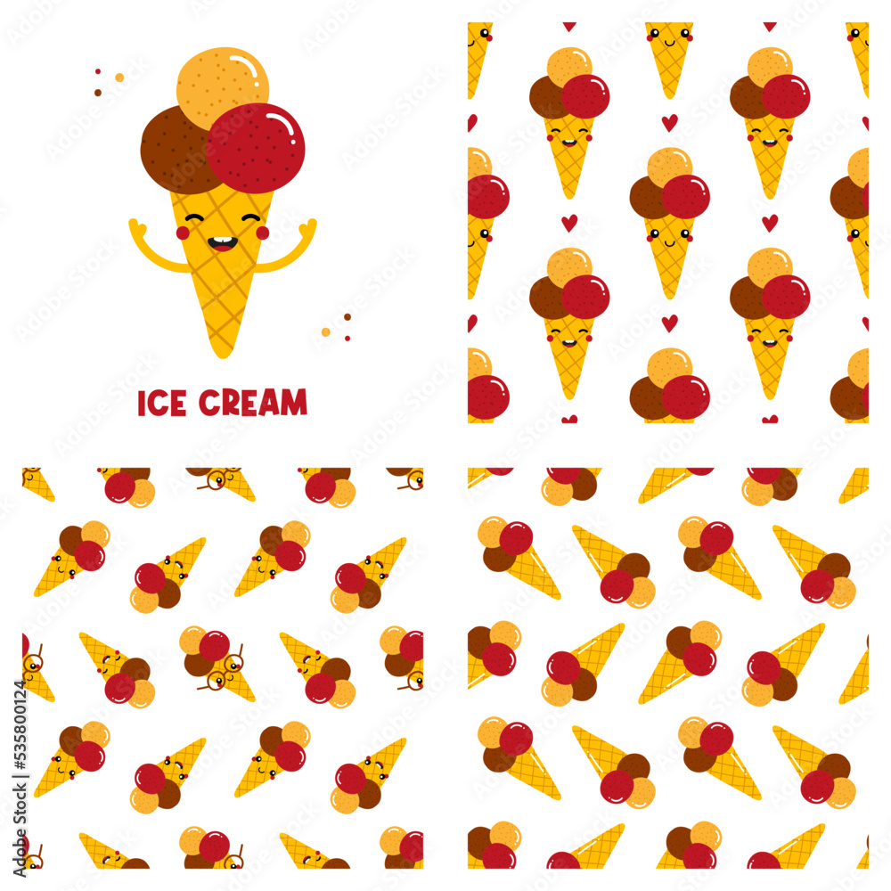 Wall mural cute cartoon style ice cream cone characters and set, collection of three ice cream vector seamless 