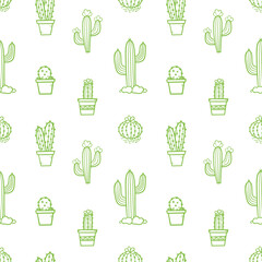 Doodle, hand drawn green cactus, cacti, succulents vector seamless pattern background.