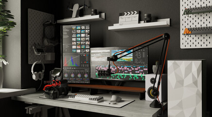 Comfortable home workplace for videographer and video editor. Working table with large monitors.