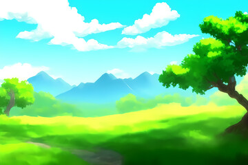 Fototapeta na wymiar Landscape scene with beautiful greenery, mountains, meadows, trees, with blue skies and mountains and hills digital painting illustration