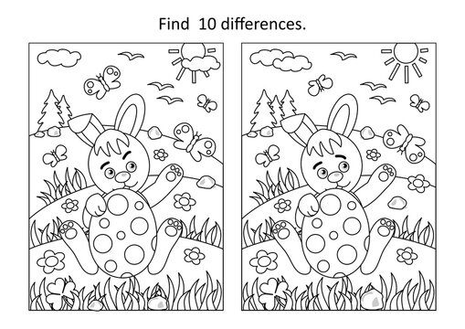 Easter holiday themed find the ten differences picture puzzle and coloring page with bunny and painted egg, rural scene
