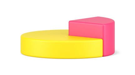 Pie chart side view 3d icon. Infographic volumetric yellow circle with highlighted triangular pink part - obrazy, fototapety, plakaty