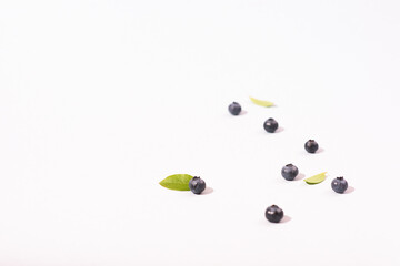 Blueberries and green leaves on a light background