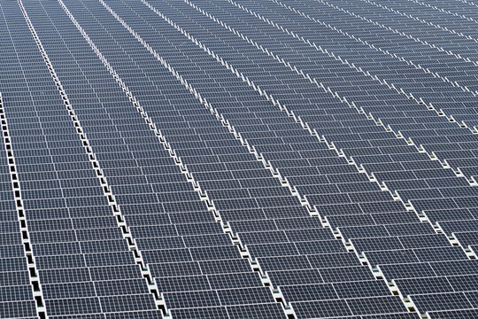 Close-up Of The Floating Solar Power System On The Flood Detention Basin.