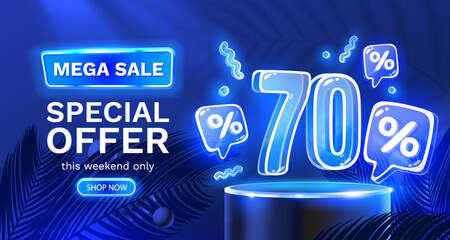 Mega sale special offer, Neon 70 off sale banner. Sign board promotion. Vector - obrazy, fototapety, plakaty