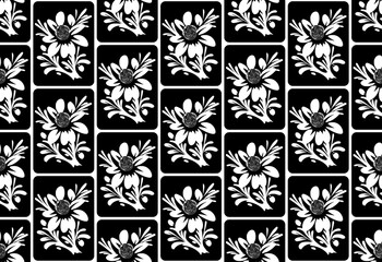 Seamless vector line art pattern made of white blooming flowers on black