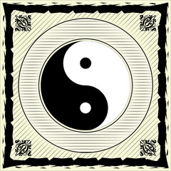 Yin-yang symbol with frame, engraving.