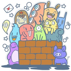 Hand-drawn illustrations, monsters doodle, Hand Drawn cartoon monster illustration,Cartoon crowd doodle hand-drawn Doodle style.