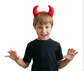 Halloween concept. cute little boy with red devil horns transparent background png