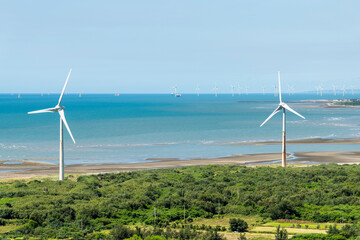 Wind power systems at Houlong Cape of Good Hope Scenic Area in Miaoli, Taiwan.