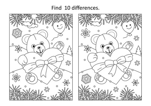 Valentine's Day find the ten differences picture puzzle and coloring page with teddy bear and big heart
