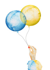 Hand holding blue and yellow balloons watercolor illustration. Template for decorating designs and illustrations.