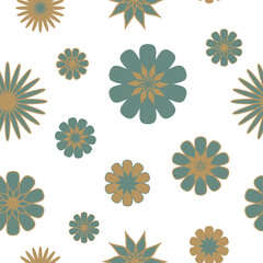 Fototapeta premium A seamless floral pattern in retro style, 70s wallpaper, geometrical turquoise daisies on a white background