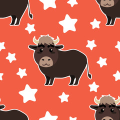 Seamless pattern of cartoon bull on red background