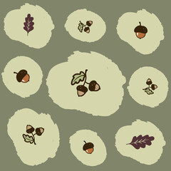 Cute hand-drawn acorns and oak leaves seamless pattern, a fall season background in pastel green © fotoolic