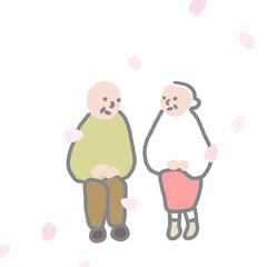 花見をしながら座って会話する老人　カップル　夫婦　友人　桜　幸せ　シニア