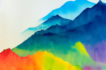 Beautiful shades of yellow, gold, pink and purple in a hand-colored watercolor background with paint drips and fringes in abstract cloudy mountain shapes.